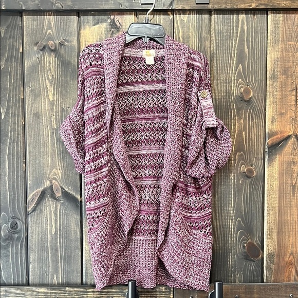 Mudd Cardigan XL Open Knit Short Sleeve Purple Chunky Sweater Retro Y2K Top - Picture 1 of 5